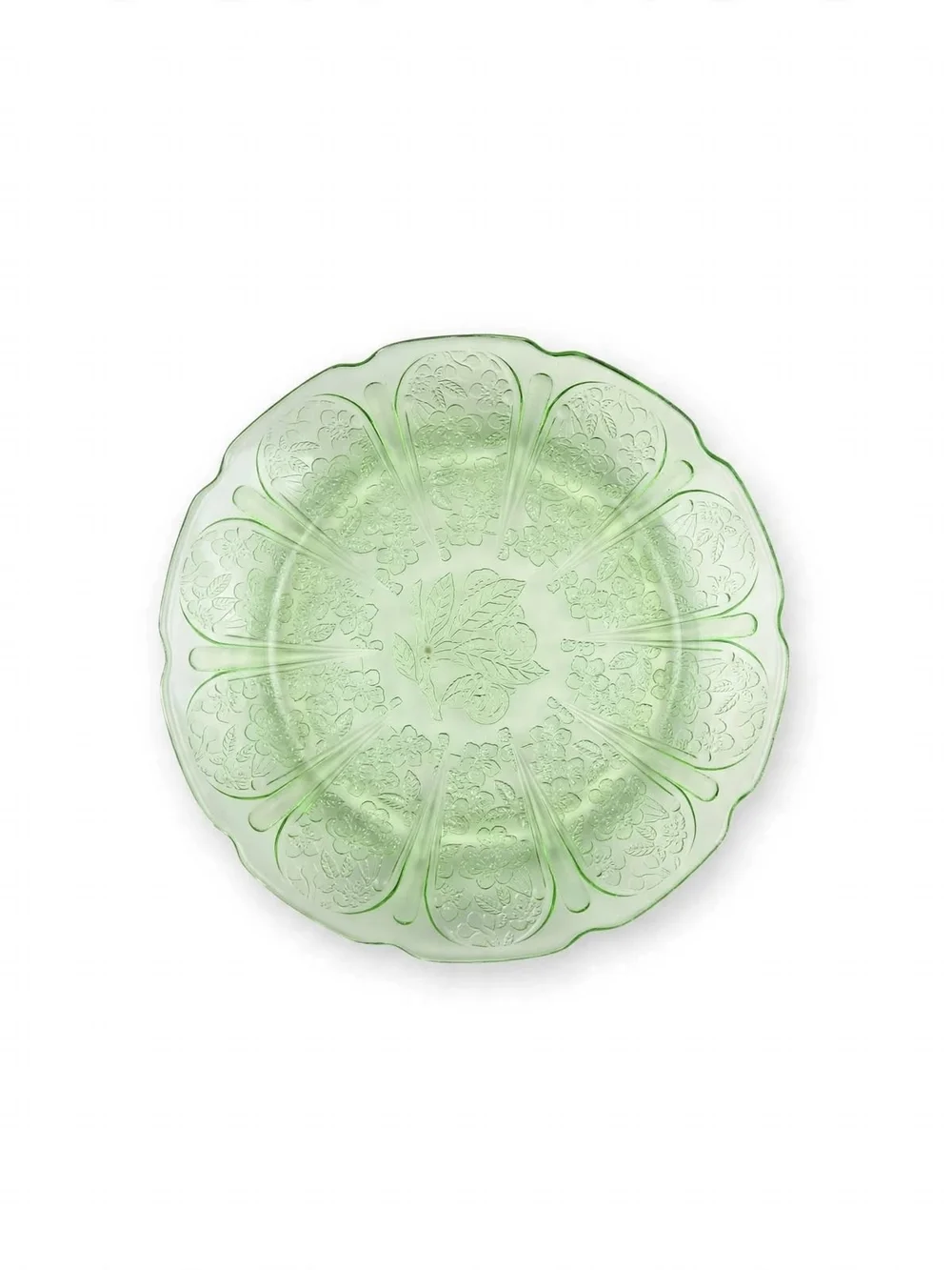 Vintage Anchor Hocking Cherry Blossom Uranium Glass 6pc Set 3 Bowl,3 Saucers Set